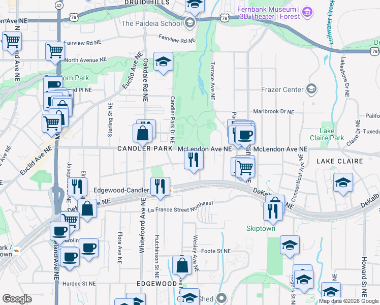 map of restaurants, bars, coffee shops, grocery stores, and more near 1517 McLendon Avenue Northeast in Atlanta