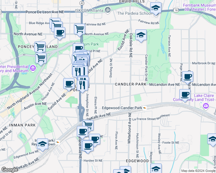 map of restaurants, bars, coffee shops, grocery stores, and more near 1300 McLendon Avenue Northeast in Atlanta