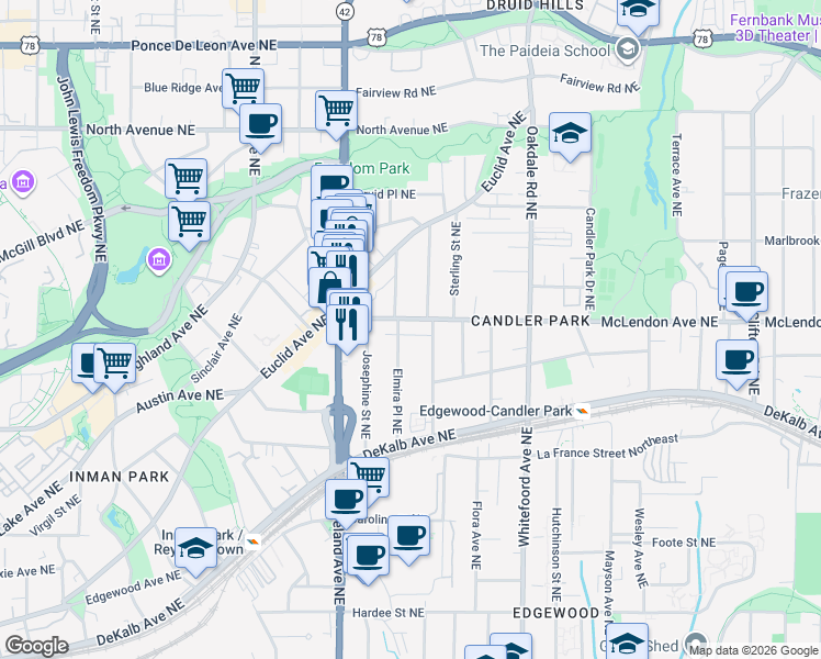 map of restaurants, bars, coffee shops, grocery stores, and more near 1260 McLendon Avenue Northeast in Atlanta