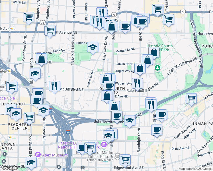 map of restaurants, bars, coffee shops, grocery stores, and more near 386 Parkway Drive Northeast in Atlanta