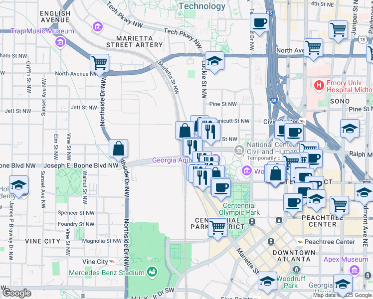 map of restaurants, bars, coffee shops, grocery stores, and more near 434 Marietta Street NorthWest in Atlanta