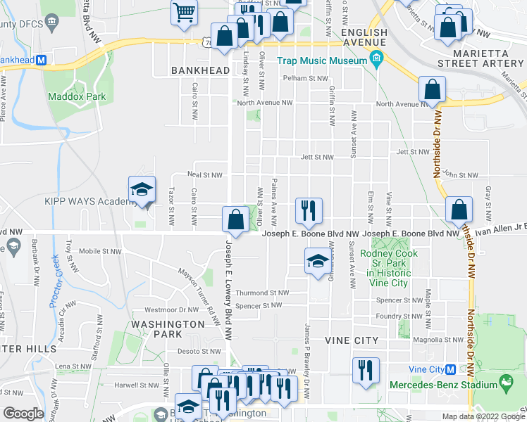 map of restaurants, bars, coffee shops, grocery stores, and more near 857 Proctor Street Northwest in Atlanta