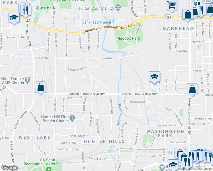 map of restaurants, bars, coffee shops, grocery stores, and more near 1345 Mayson Turner Road Northwest in Atlanta