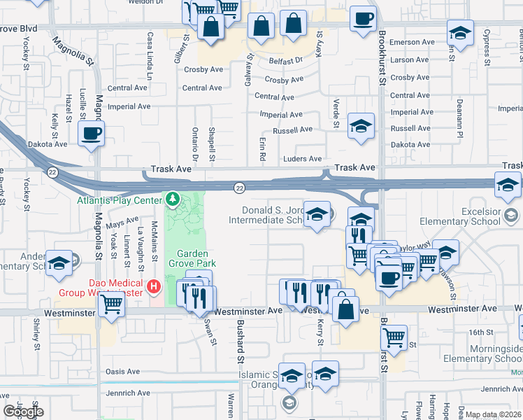 map of restaurants, bars, coffee shops, grocery stores, and more near 9542 Mallard Avenue in Garden Grove