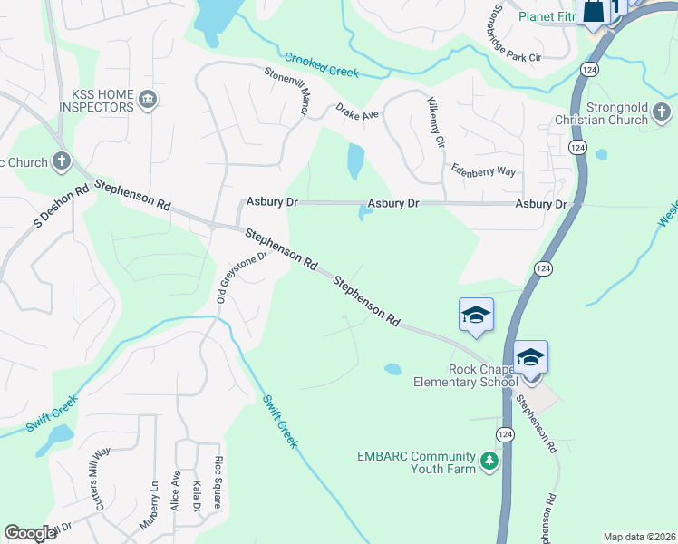 map of restaurants, bars, coffee shops, grocery stores, and more near 1616 Stephenson Road in Lithonia