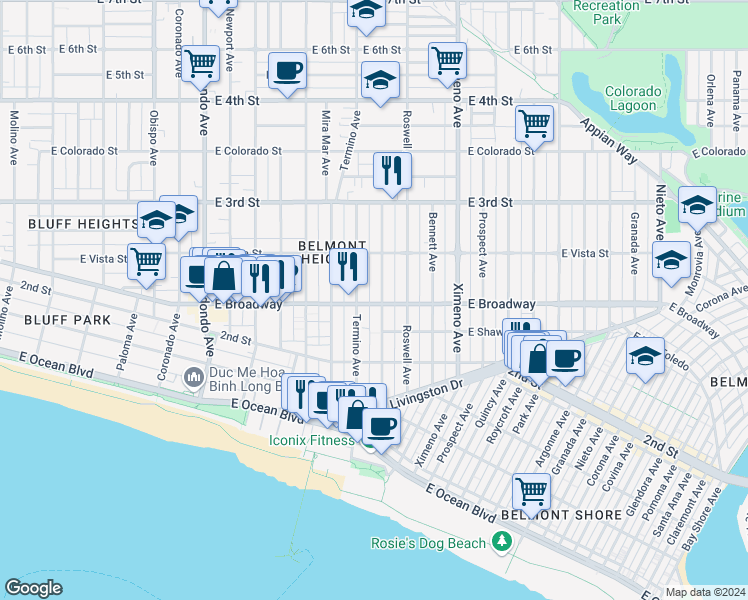 map of restaurants, bars, coffee shops, grocery stores, and more near 231 Belmont Avenue in Long Beach