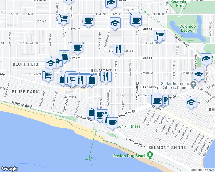 map of restaurants, bars, coffee shops, grocery stores, and more near 3939 East Broadway in Long Beach