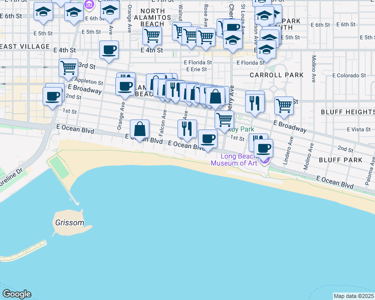 map of restaurants, bars, coffee shops, grocery stores, and more near South 12th Place in Long Beach