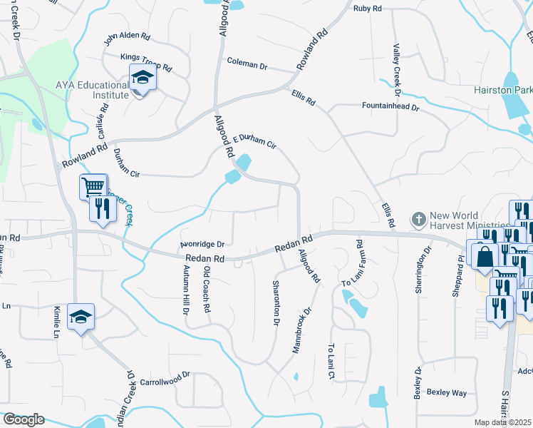 map of restaurants, bars, coffee shops, grocery stores, and more near 4444 Lake Breeze Drive in Stone Mountain