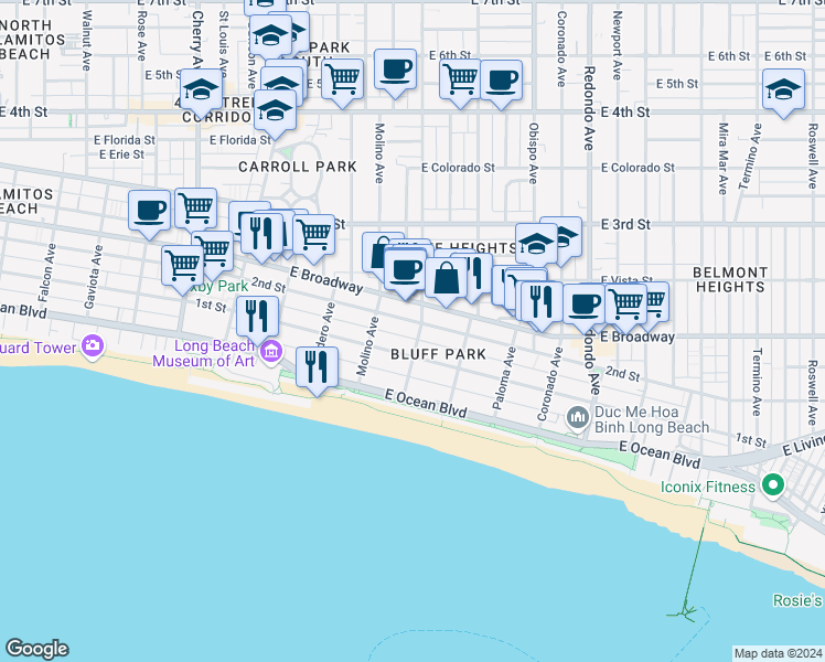 map of restaurants, bars, coffee shops, grocery stores, and more near 2nd Street in Long Beach