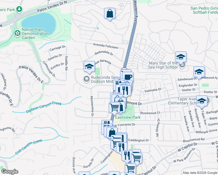 map of restaurants, bars, coffee shops, grocery stores, and more near 1819 Avenue Estudiante in Rancho Palos Verdes