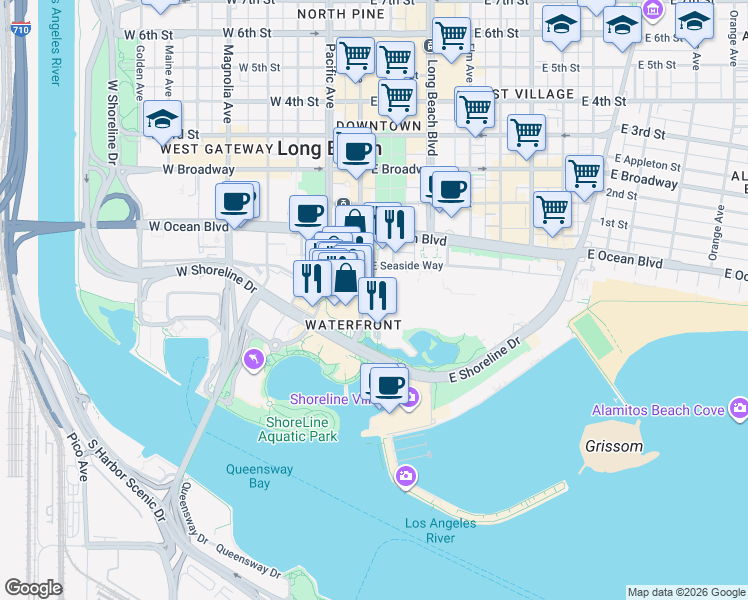 map of restaurants, bars, coffee shops, grocery stores, and more near Convention Center Walkway in Long Beach