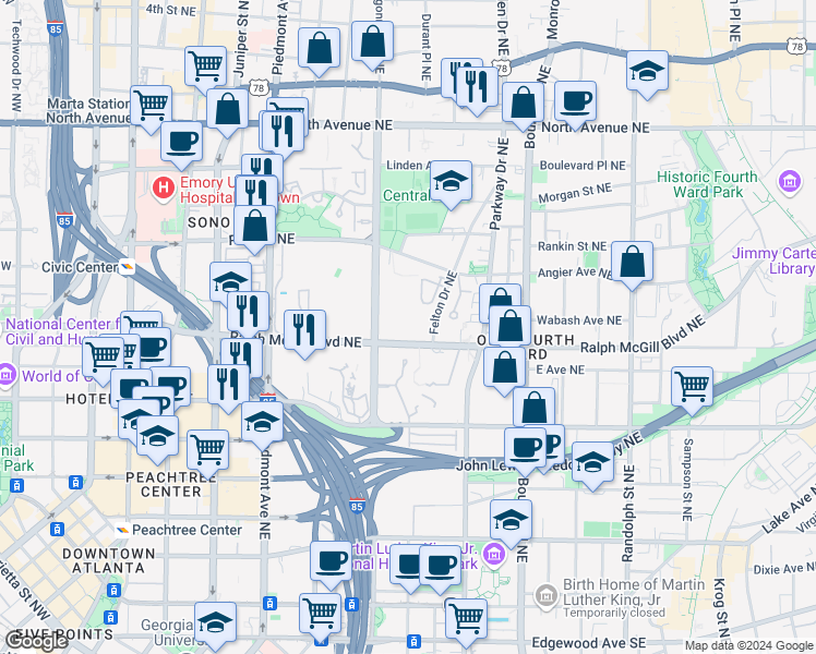 map of restaurants, bars, coffee shops, grocery stores, and more near 330 McGill Place Northeast in Atlanta