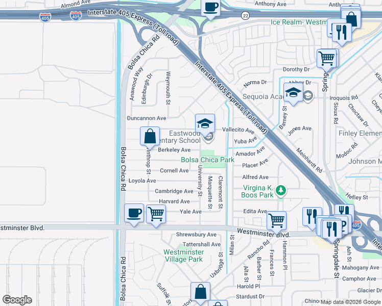 map of restaurants, bars, coffee shops, grocery stores, and more near 5322 Berkeley Avenue in Westminster