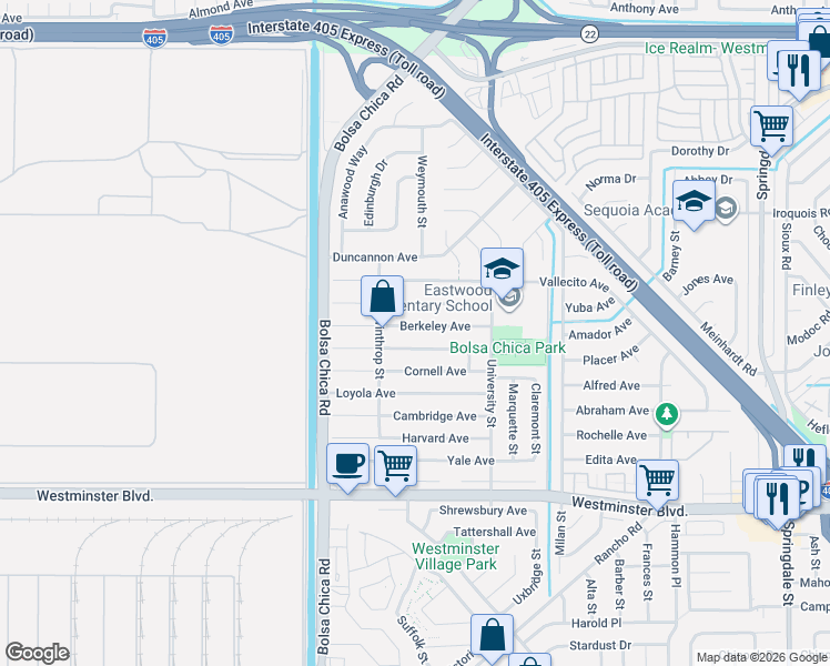 map of restaurants, bars, coffee shops, grocery stores, and more near 5202 Berkeley Avenue in Westminster