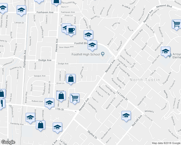map of restaurants, bars, coffee shops, grocery stores, and more near 13571 Woodglen Drive in Santa Ana