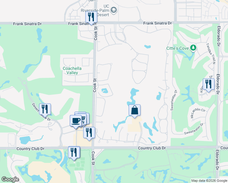 map of restaurants, bars, coffee shops, grocery stores, and more near 346 Crest Lake Drive in Palm Desert
