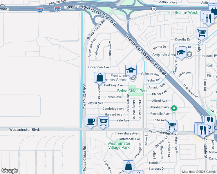 map of restaurants, bars, coffee shops, grocery stores, and more near 5202 Berkeley Avenue in Westminster