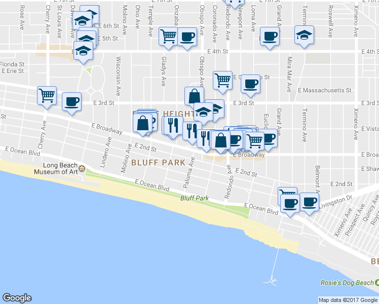 map of restaurants, bars, coffee shops, grocery stores, and more near 3058 East Broadway in Long Beach