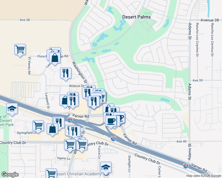 map of restaurants, bars, coffee shops, grocery stores, and more near 78286 Golden Reed Drive in Palm Desert