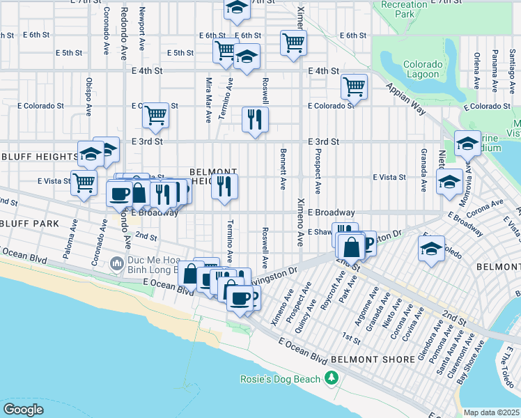 map of restaurants, bars, coffee shops, grocery stores, and more near 229 Roswell Avenue in Long Beach