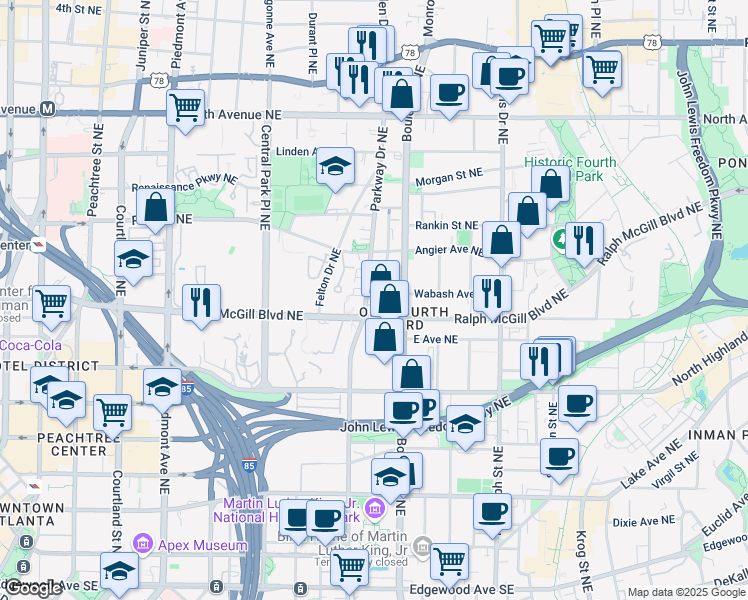 map of restaurants, bars, coffee shops, grocery stores, and more near 367 Parkway Drive Northeast in Atlanta