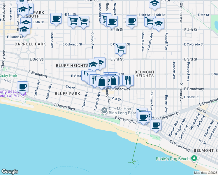 map of restaurants, bars, coffee shops, grocery stores, and more near in Long Beach