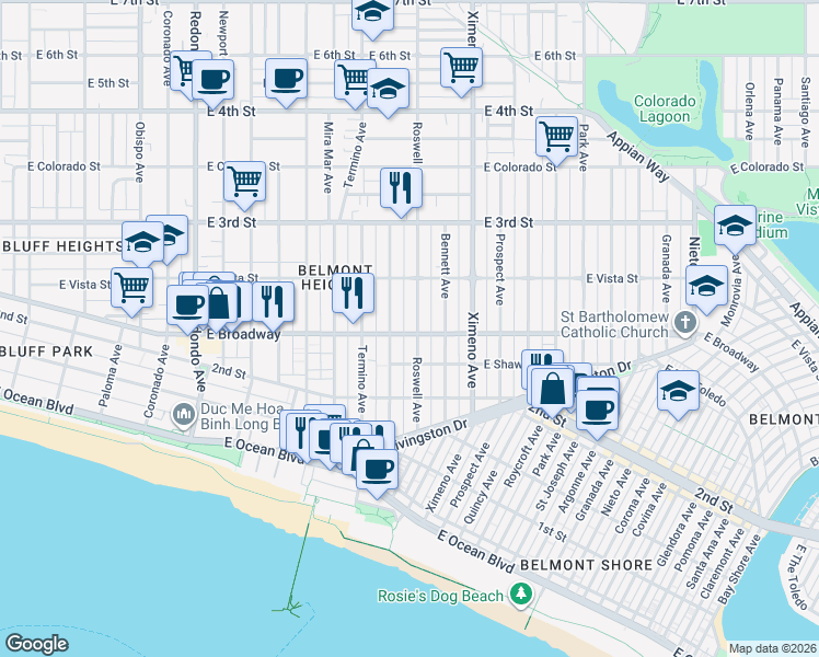 map of restaurants, bars, coffee shops, grocery stores, and more near 229 Roswell Avenue in Long Beach