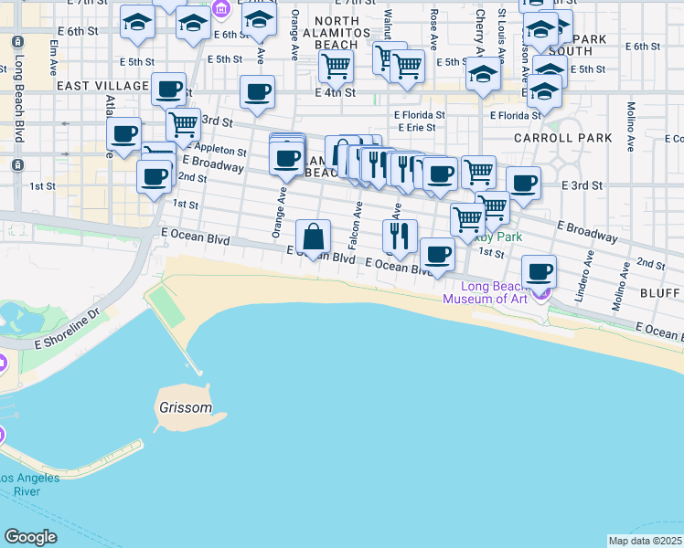 map of restaurants, bars, coffee shops, grocery stores, and more near 1500 East Ocean Boulevard in Long Beach