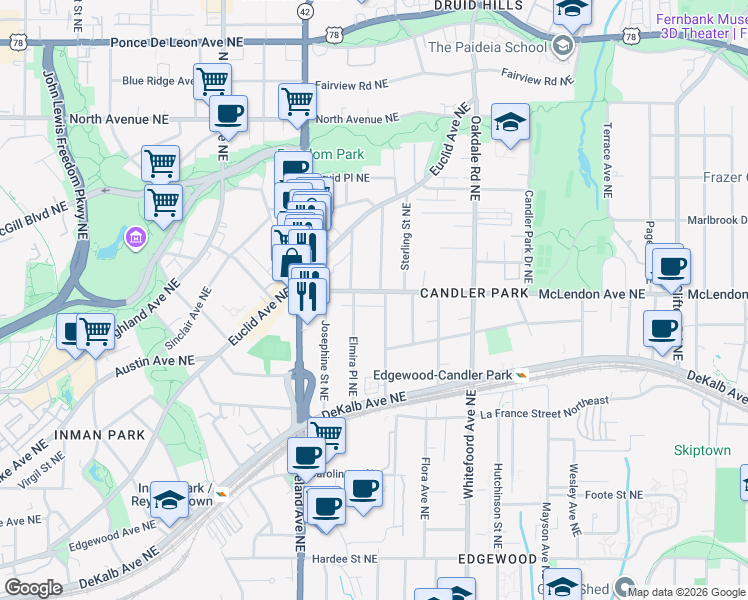 map of restaurants, bars, coffee shops, grocery stores, and more near 1260 McLendon Avenue Northeast in Atlanta