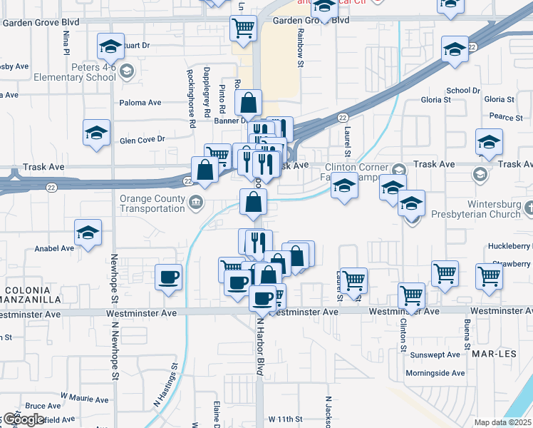 map of restaurants, bars, coffee shops, grocery stores, and more near 13666 Harbor Boulevard in Garden Grove