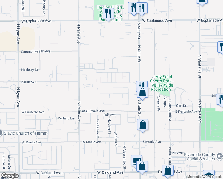 map of restaurants, bars, coffee shops, grocery stores, and more near 481 Brittania Road in Hemet