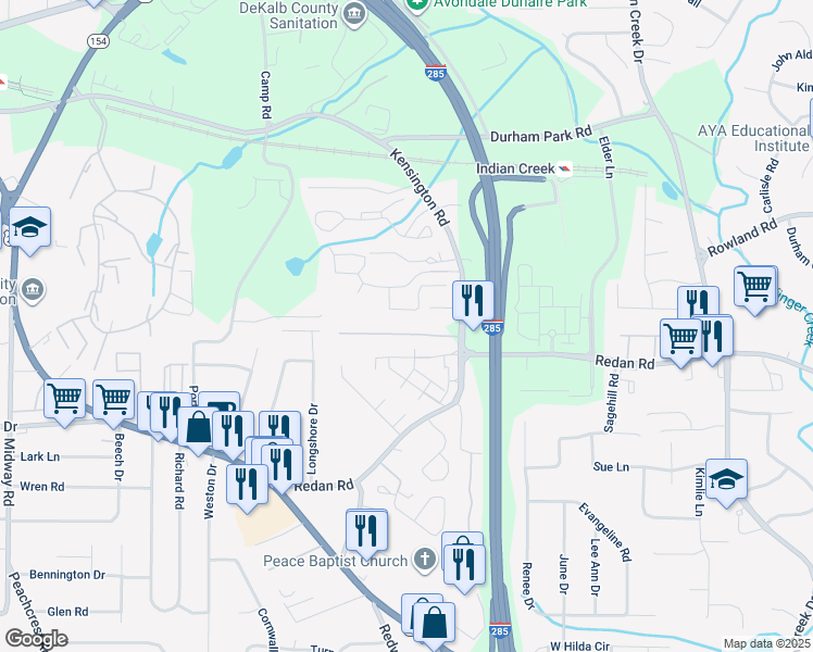 map of restaurants, bars, coffee shops, grocery stores, and more near 1055 Holcombe Road in Decatur