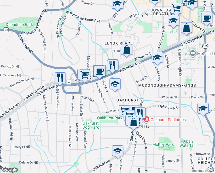 map of restaurants, bars, coffee shops, grocery stores, and more near 122 Feld Avenue in Decatur