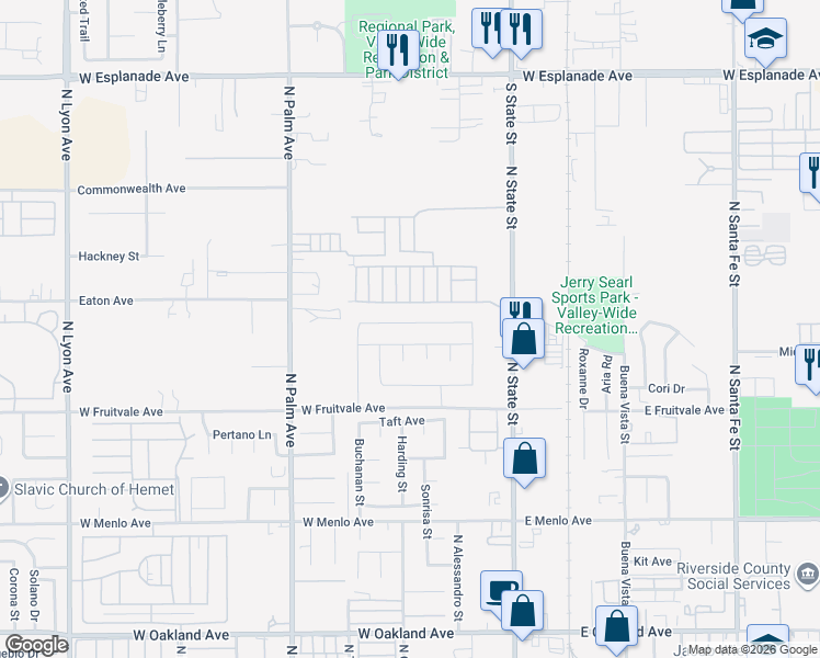 map of restaurants, bars, coffee shops, grocery stores, and more near 481 Brittania Road in Hemet