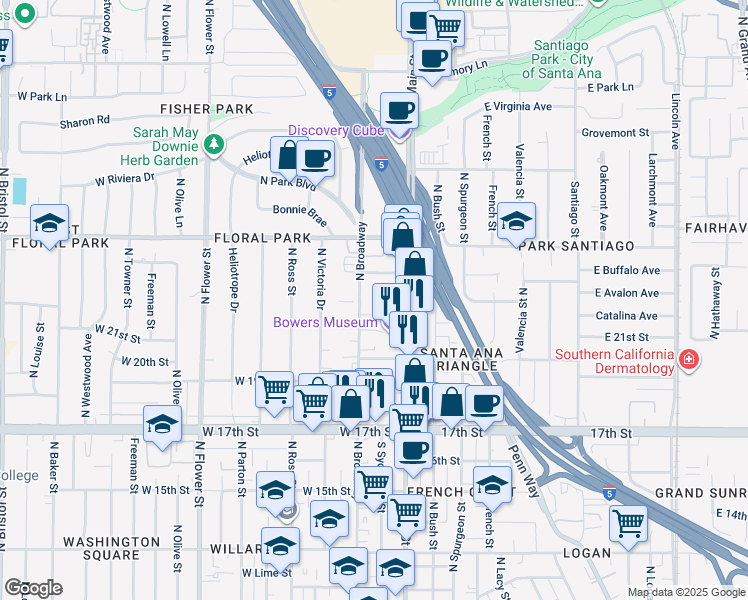 map of restaurants, bars, coffee shops, grocery stores, and more near 2115 North Broadway in Santa Ana