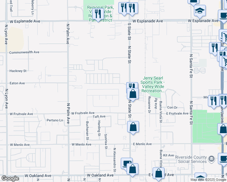 map of restaurants, bars, coffee shops, grocery stores, and more near 301 Brittania Road in Hemet