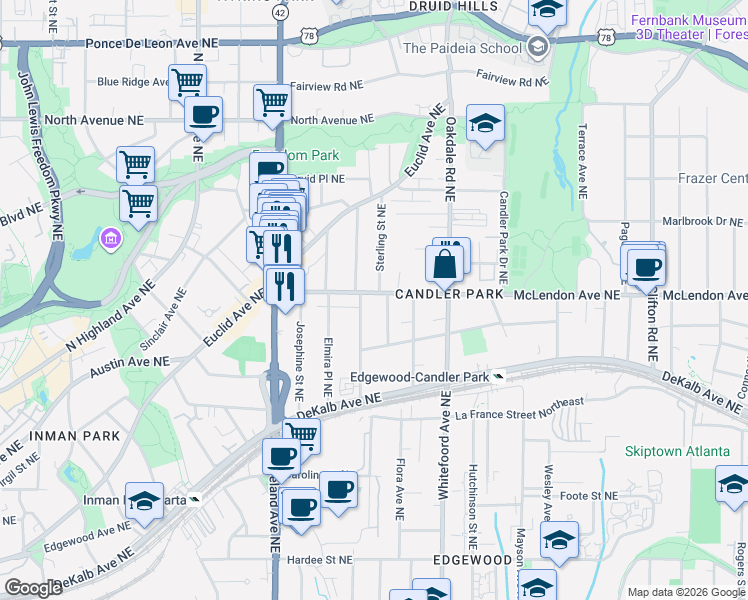 map of restaurants, bars, coffee shops, grocery stores, and more near 1300 McLendon Avenue Northeast in Atlanta