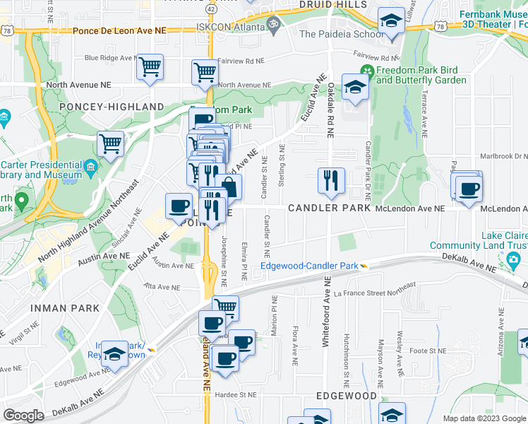 map of restaurants, bars, coffee shops, grocery stores, and more near 1279 McLendon Avenue Northeast in Atlanta