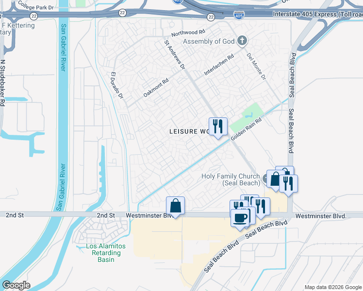 map of restaurants, bars, coffee shops, grocery stores, and more near 1441 Homewood Road in Seal Beach