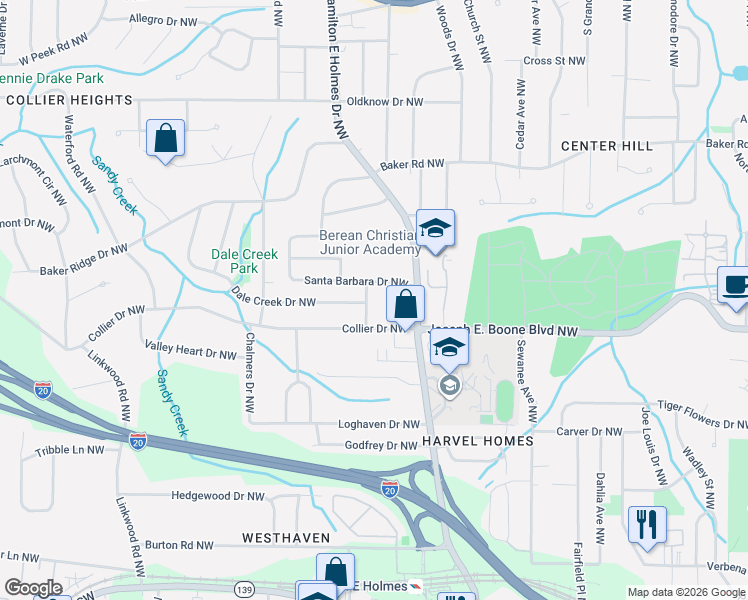 map of restaurants, bars, coffee shops, grocery stores, and more near 2588 Santa Barbara Drive Northwest in Atlanta