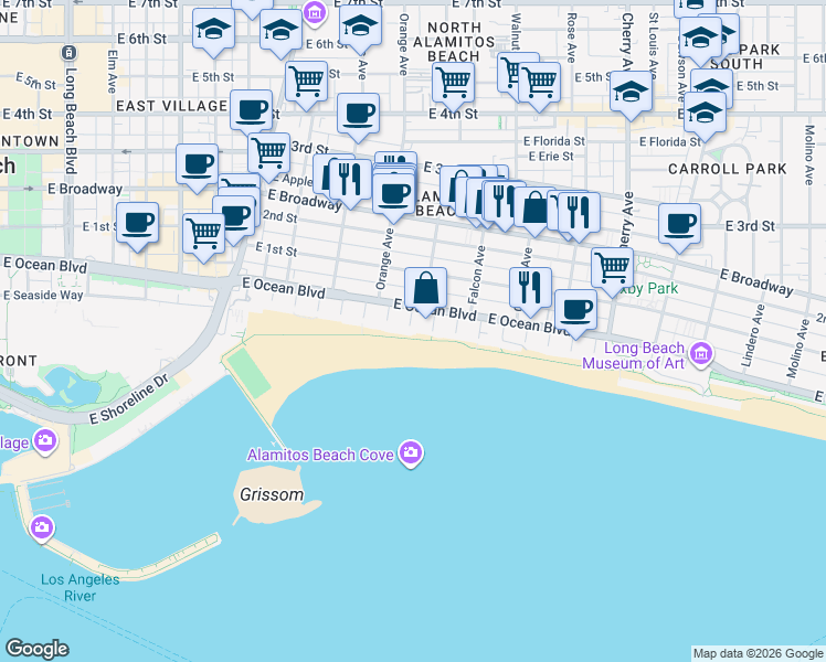 map of restaurants, bars, coffee shops, grocery stores, and more near 32 7th Place in Long Beach