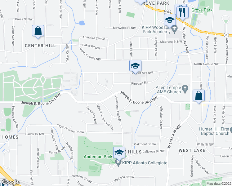 map of restaurants, bars, coffee shops, grocery stores, and more near Joseph E. Boone Blvd NW & Anderson Ave NW in Atlanta