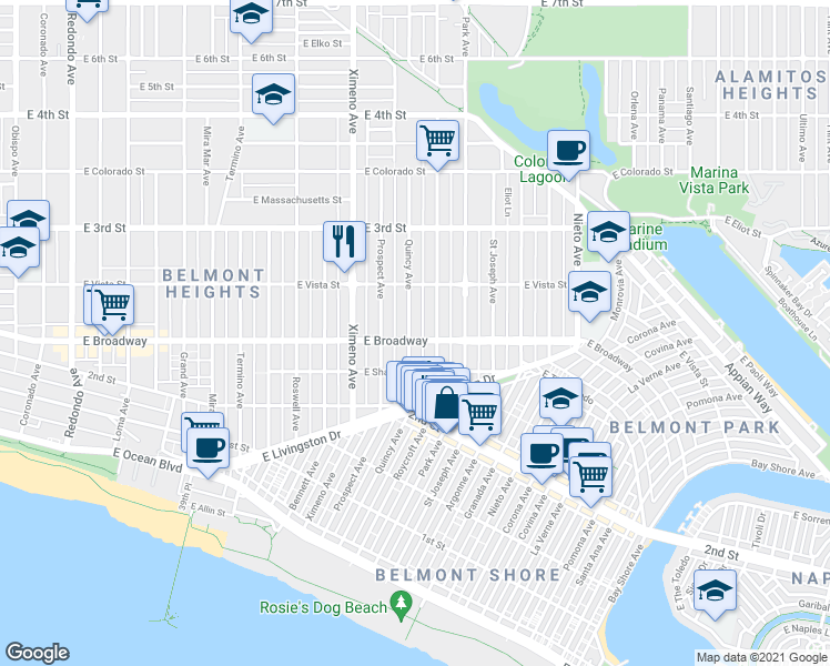 map of restaurants, bars, coffee shops, grocery stores, and more near 4603 East Broadway in Long Beach