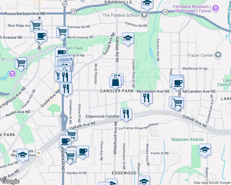 map of restaurants, bars, coffee shops, grocery stores, and more near 1395 McLendon Avenue Northeast in Atlanta