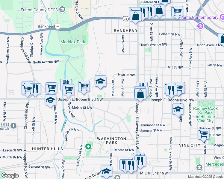 map of restaurants, bars, coffee shops, grocery stores, and more near 366 Tazor Street Northwest in Atlanta