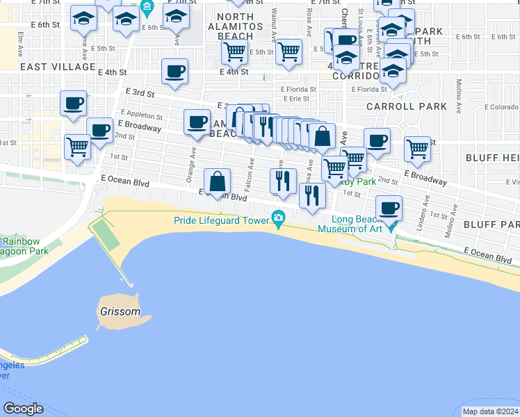 map of restaurants, bars, coffee shops, grocery stores, and more near 1616 East Ocean Boulevard in Long Beach