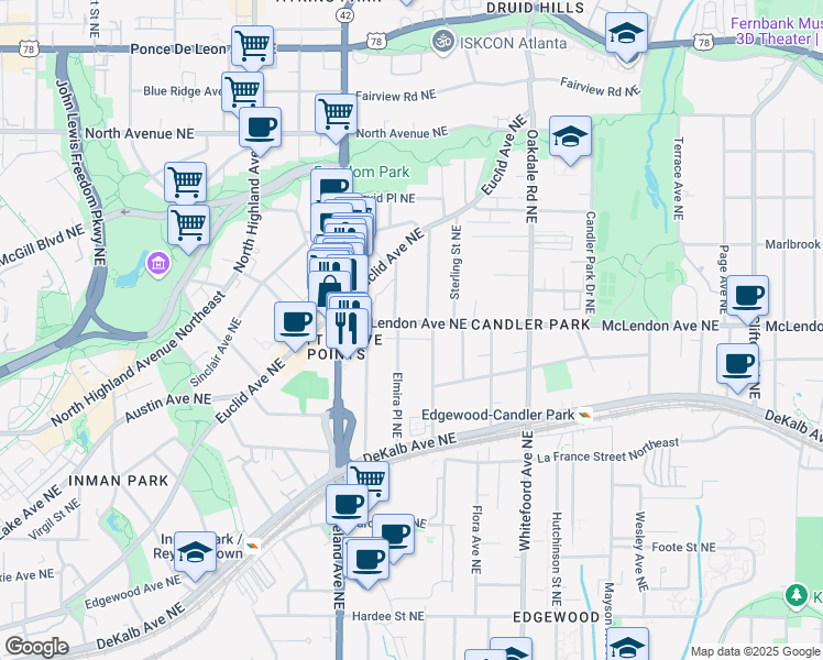 map of restaurants, bars, coffee shops, grocery stores, and more near 1259 McLendon Avenue Northeast in Atlanta