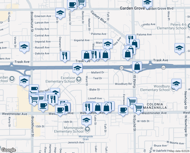 map of restaurants, bars, coffee shops, grocery stores, and more near 10611 Teal Drive in Garden Grove