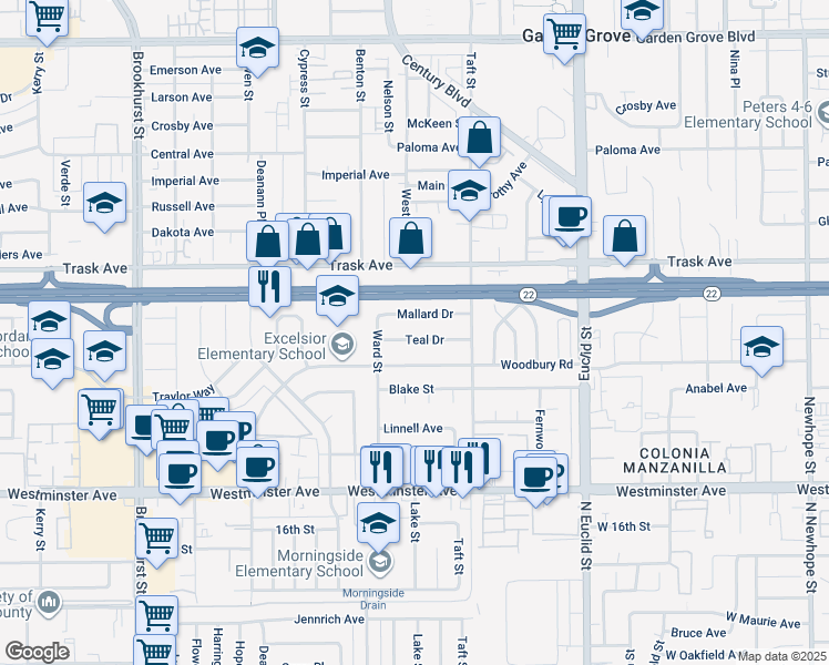 map of restaurants, bars, coffee shops, grocery stores, and more near 10572 Mallard Drive in Garden Grove